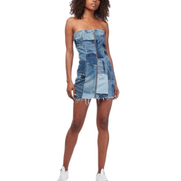 NWT! Re/Done Levi's Patchwork Denim Strapless Indigo Mini Dress Size Small - Picture 1 of 11